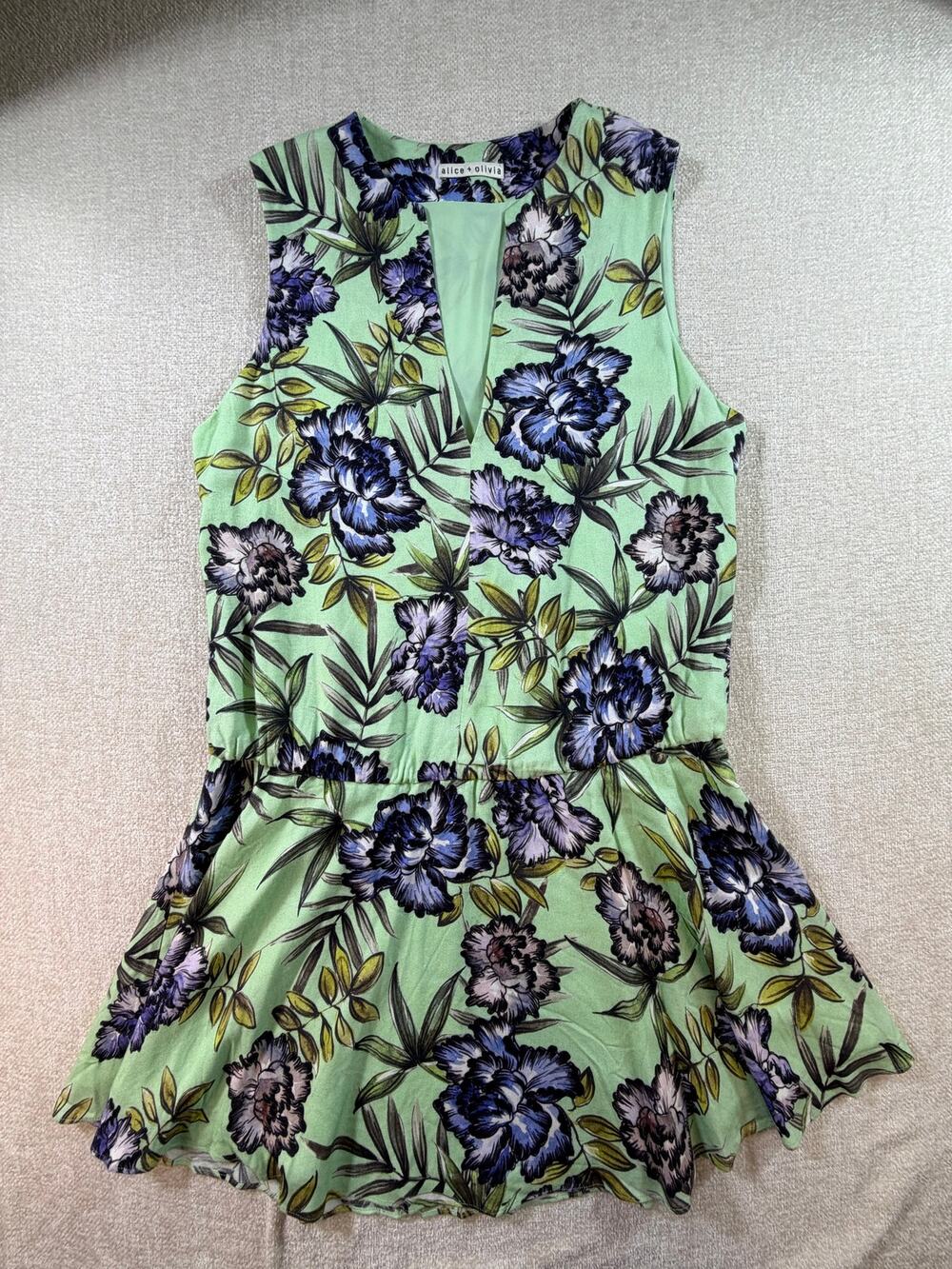 Alice + Olivia Women M Green Floral Sleeveless Knee Length Drop Waist Dress
